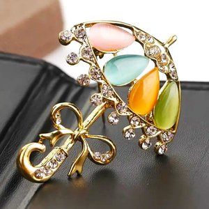 Stunning Umbrella Rhinestone Brooch Pin Stylish Cute Colorful Stones Gold Tone